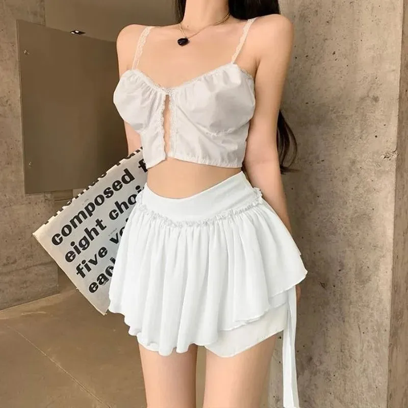 YESMYTOOL  -   Ruffle Mini Skirt Women Chiffon Patchwork Ribbon Blue High Waist Fairycore Tulle Skirt Shorts Cute Sexy Skort Summer